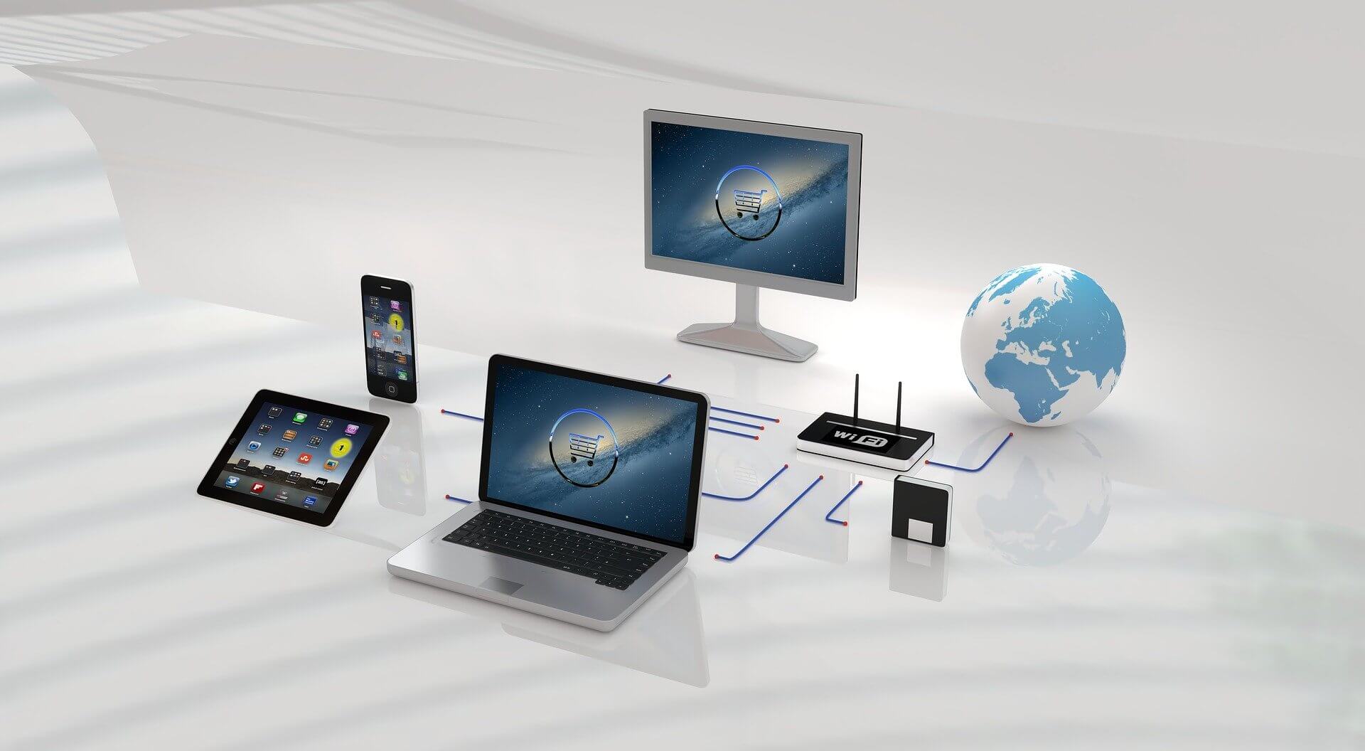komputery i urządzenia mobilne połączone do jednej sieci internetowej
